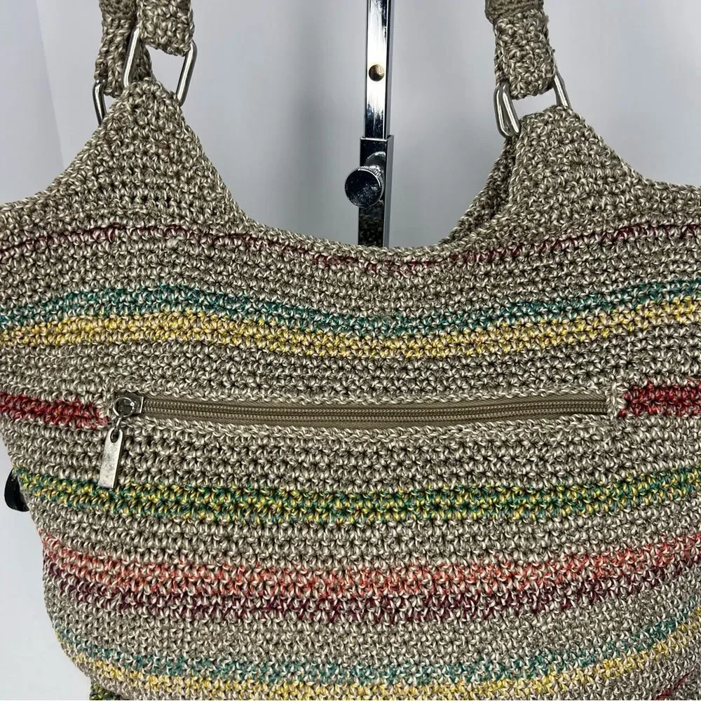 THE SAK Voyager Crochet Gray Stripped Belle Shoulder Tote Bohemian Medium Bag